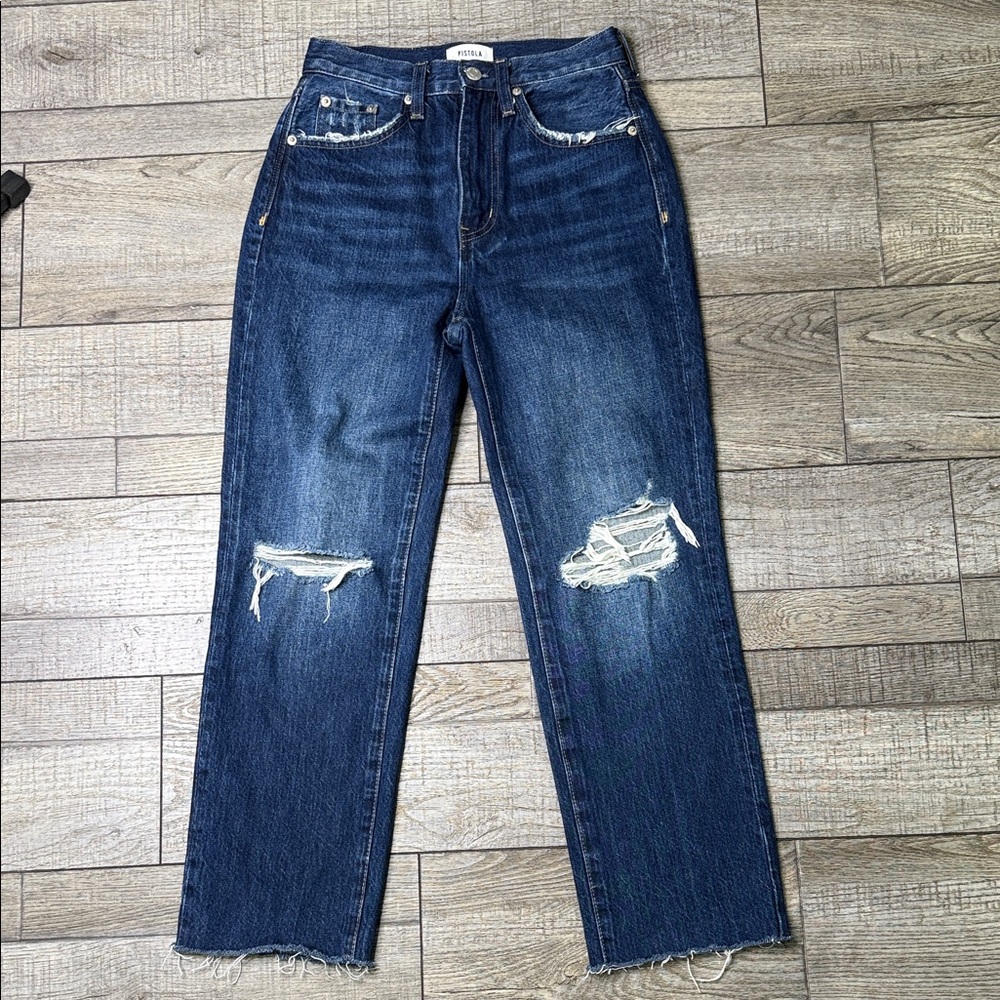 Pistola High Rise Blue Distressed Straight Leg Jeans